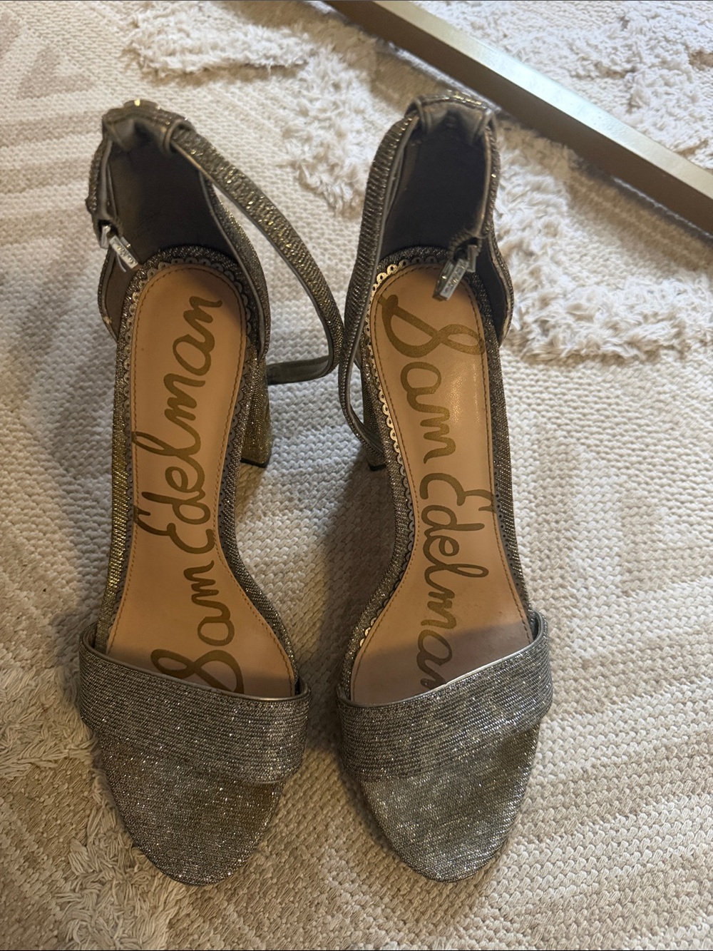 Sam Edelman Sparkle Open-Toe Ankle-Strap Heels in Silver